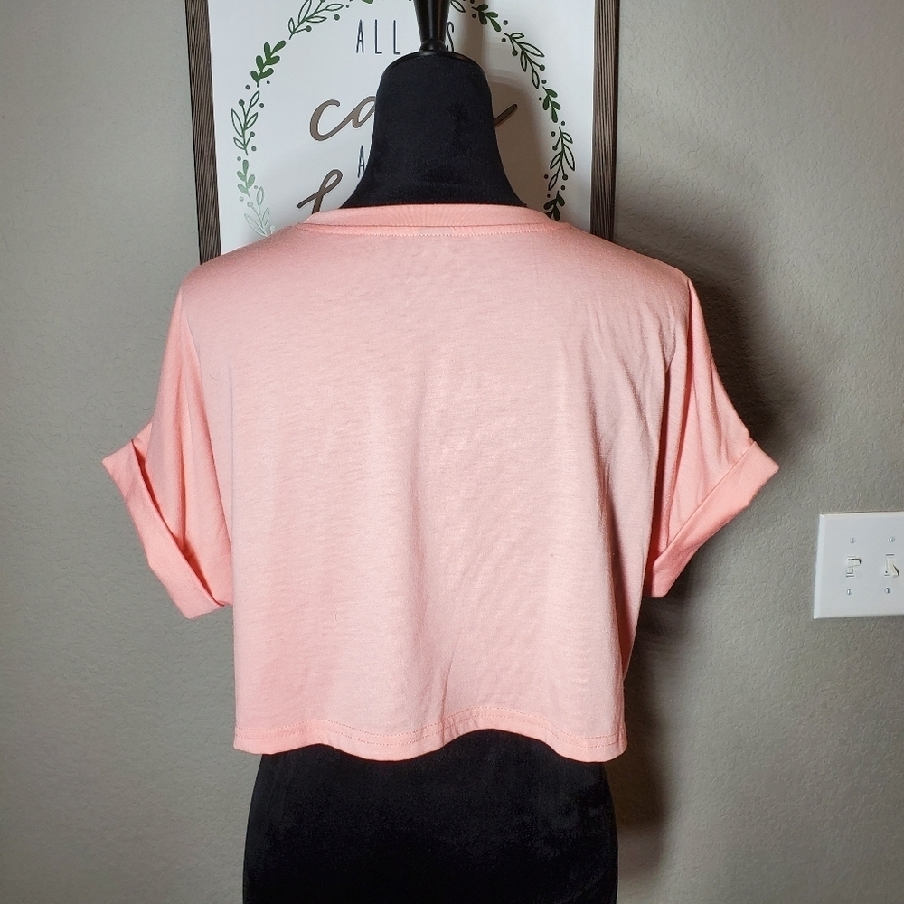 SHEIN Batwing Sleeve Pocket Patched Crop Tee Coral Pink Size Medium NWOT - Picture 9 of 16